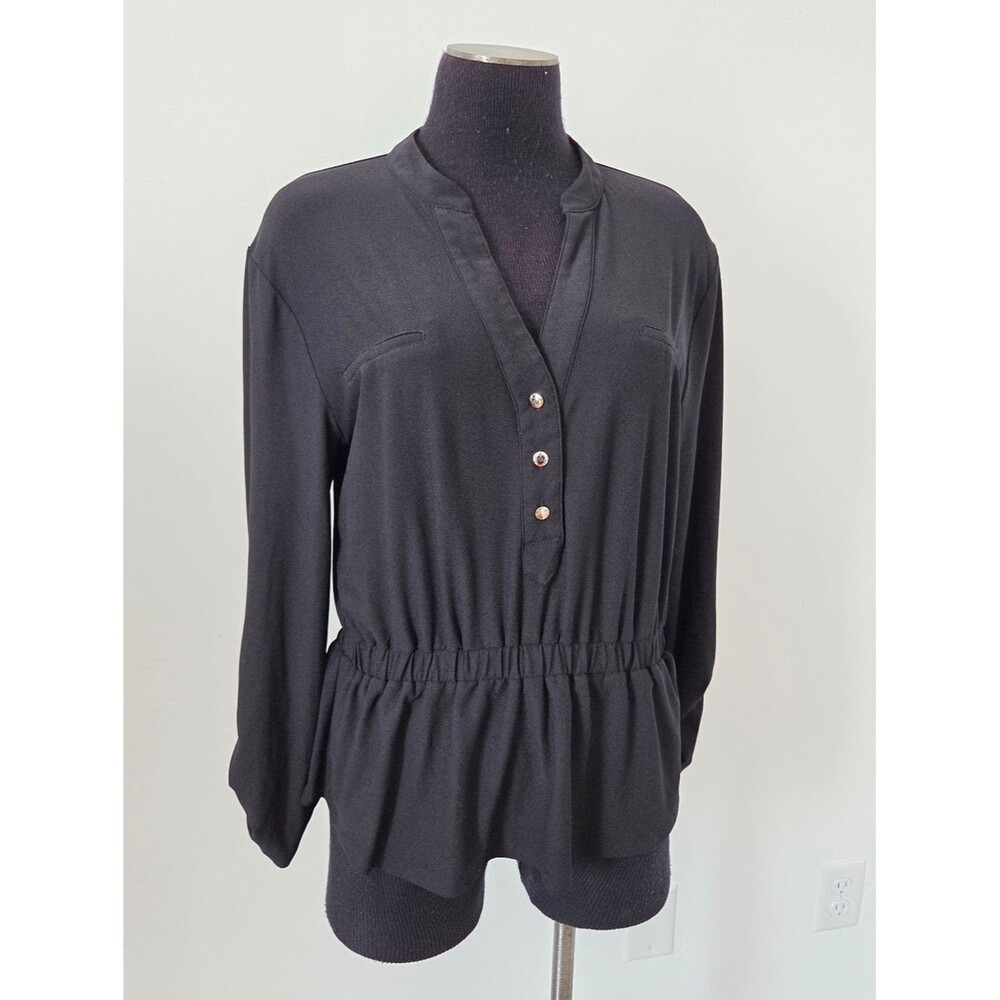 Sweet Wanderer Black Knit Blouse Top Peplum Comfy Modest Teacher Office Large